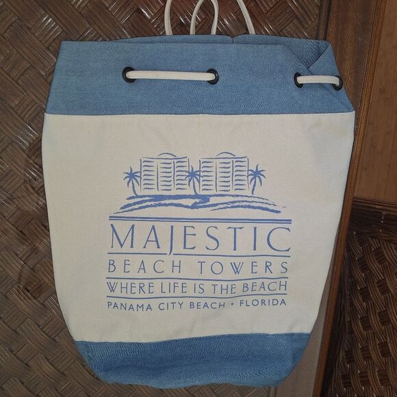 Drawstring Backpack NWOT Canvas Beach Bag Blue Cream GREAT BUNDLE ITEM Travel - Picture 11 of 13